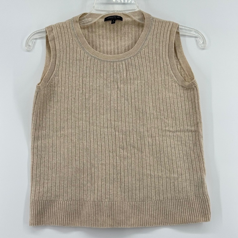 Lafayette 148 New York 100% Cashmere Ribbed Sleeveless Sweater Shell Beige Small